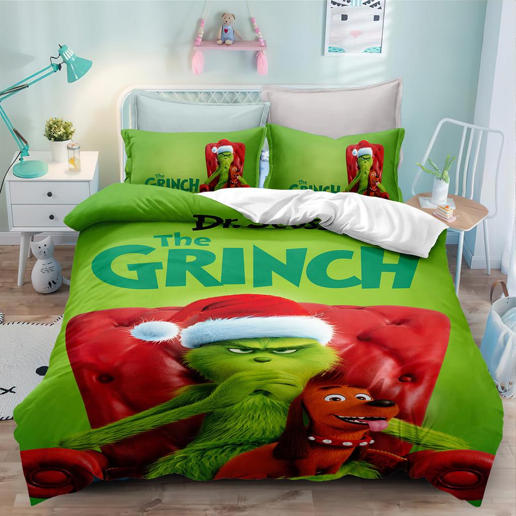 Heimtextilien Dreiteiliges Grinch Cartoon Digitaldruck Steppdecke Kissenbezug Bettwäsche