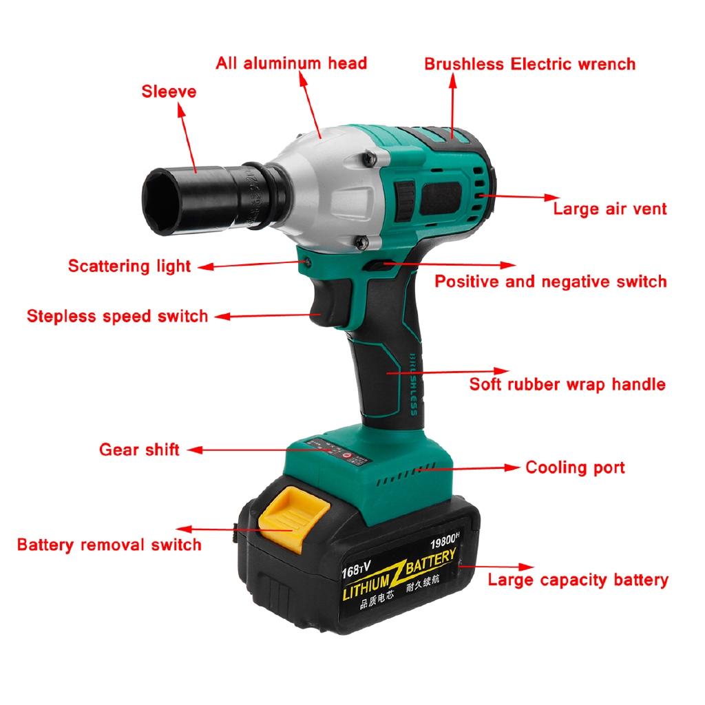 168V 500Nm Cordless Electric Wrench Impact Brushless Driver Power Tool Rechargeable Lithium Battery Household Drill