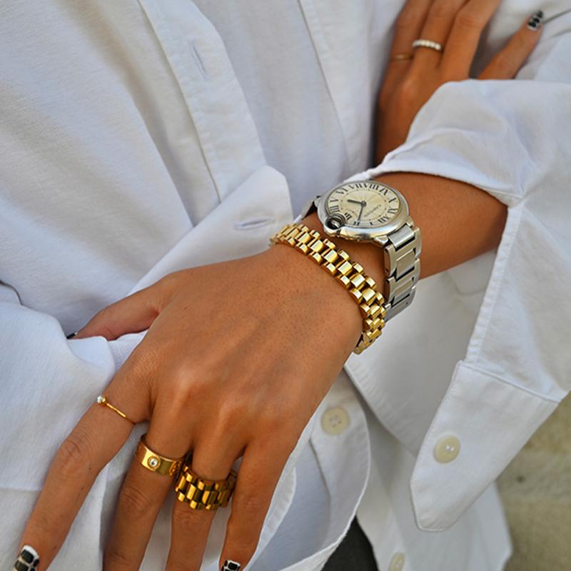 Peri 'Sbox Solid Gold Color Bold Heavy Thick Bangle For Women Classic Wide Link Chain Strap Stackable Bangle Stainless Steel