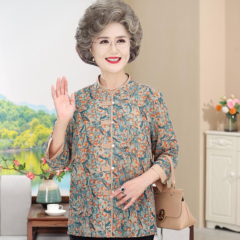 

Летняя блузка для бабушки для женщин среднего и пожилого возраста: Рубашка с рукавом семь восьмых для мам в возрасте 60-70 лет. XXL (105-120 Jin) синий
