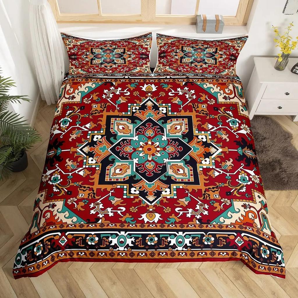 Tribal Floral Duvet Cover Set Bohemian Geometric Flowers Bedding Set Mysterious Indian Abstract Grid Quilt Cover Twin King Size