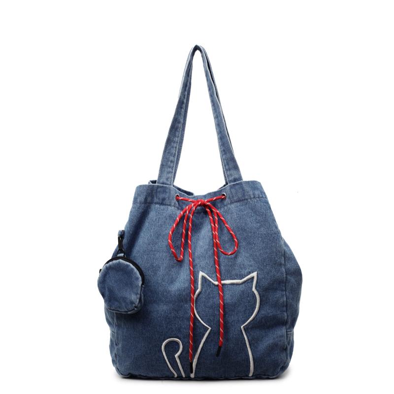 Large Capacity Kitten Embroidered Tote Bag Women Shoulder Bag Commuter Underarm Bag