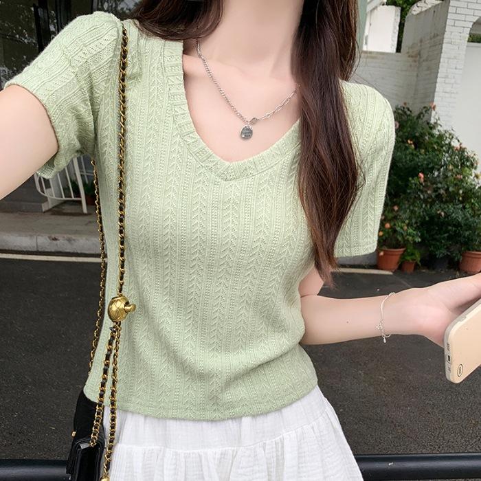 Front shoulder U-neck short-sleeved T-shirt for women's summer pure desire, slim and thin bottom top