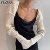 VEZFAA Damenmode, lässig, Herbst/Winter, einfarbig, mit Druck, lange Ärmel
