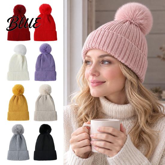 Cozy Fleece Lined Thick Cuffed with Fluffy Knitted Hat Style Winter Fur Ball Warm Cap
