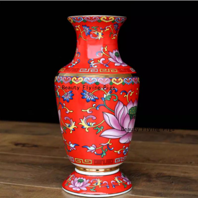 1pc Ceramic Lotus Vase Household Enamel Colored Flower Vase Buddha Hall Vase Temple Sacrificial Decoration Home Decoration