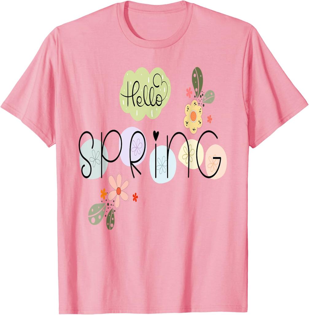 Hello Spring Flowers Graphic Tee Casual Cotton Short Sleeve T-Shirt Daily Wear
