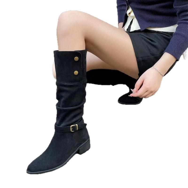 Belt Buckle Medium Heel Thick Heel Tall Tube Thin 2025 New Autumn Thin Boots Suede Brown Single Boots Long Boots Versatile