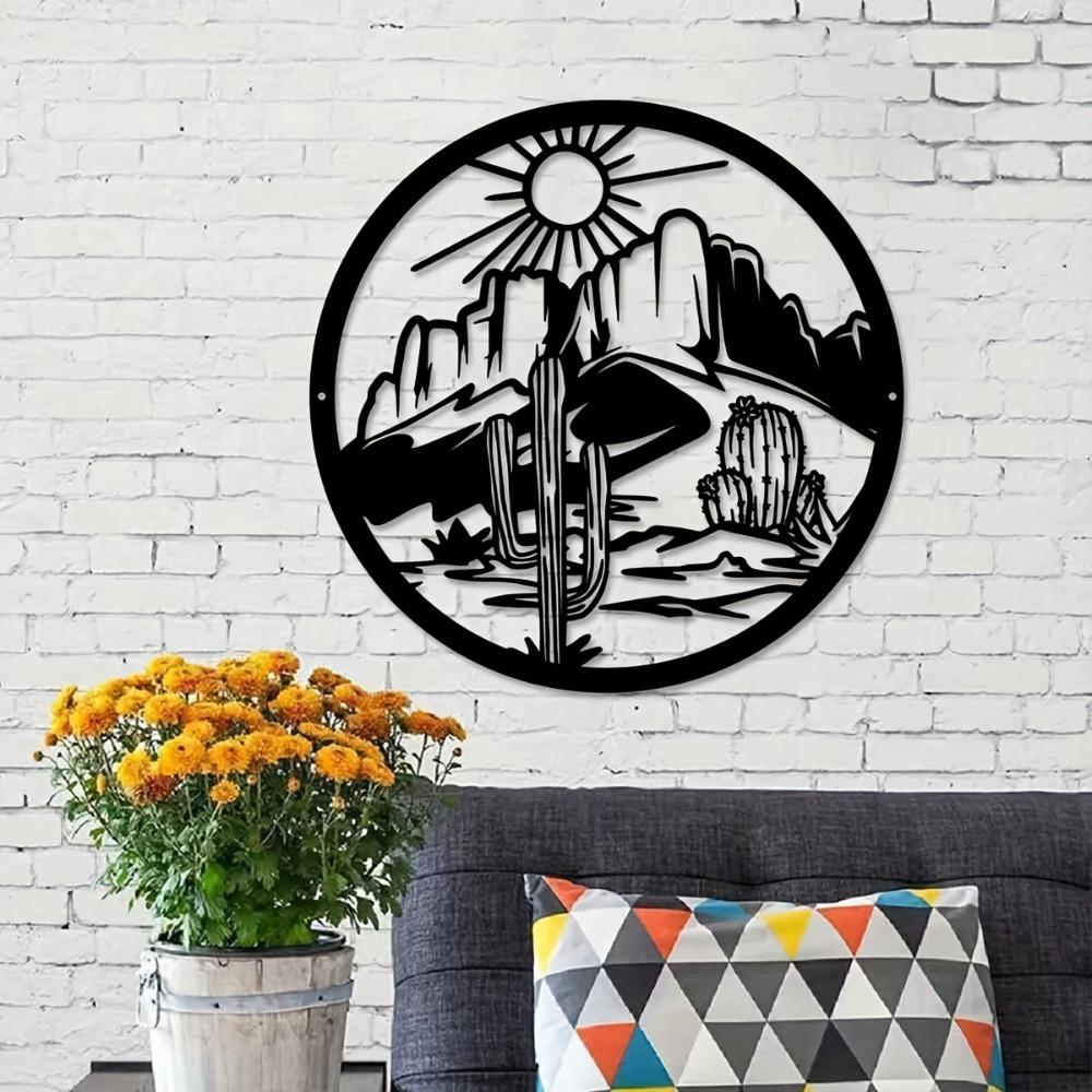 1pc Iron Cactus Sun Mountain Wall Art Desert Landscape Sculpture 11.81 Inch Indoor Outdoor Decor for Living Room Patio Balcony Office Farmhouse