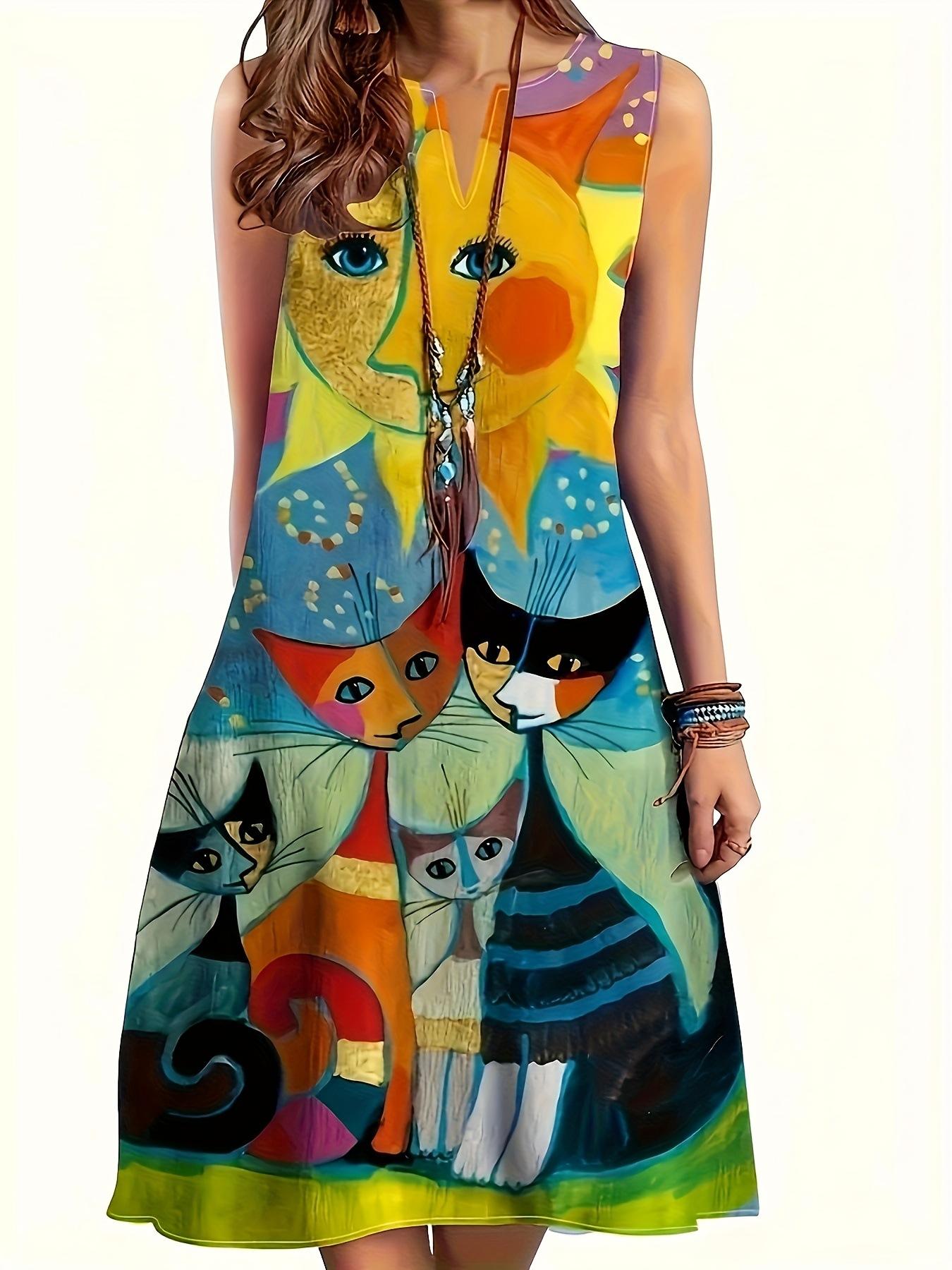 European and American summer Amazon WISH new plus-size sleeveless long dress, V-neck printed vintage dress 1XL оранжевый