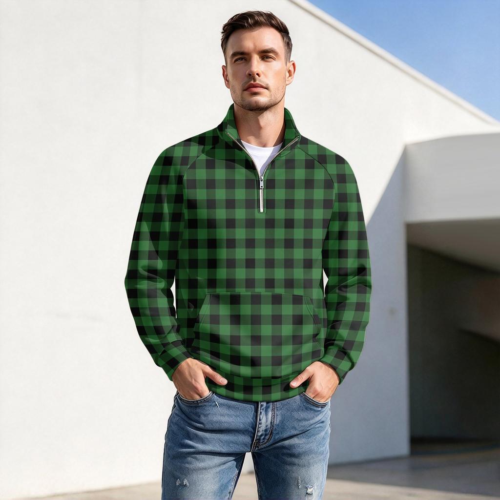 Men's Fall Winter Plaid Print Zip-Up Stand Collar Pullover Casual Wrinkle- Athletic Top