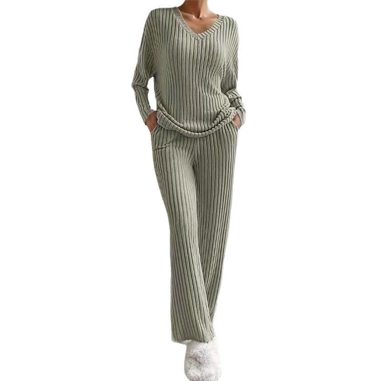 Women's Autumn 2025 Fashion: Rib-Knit V-Neck Set with Casual Straight-Leg Pants