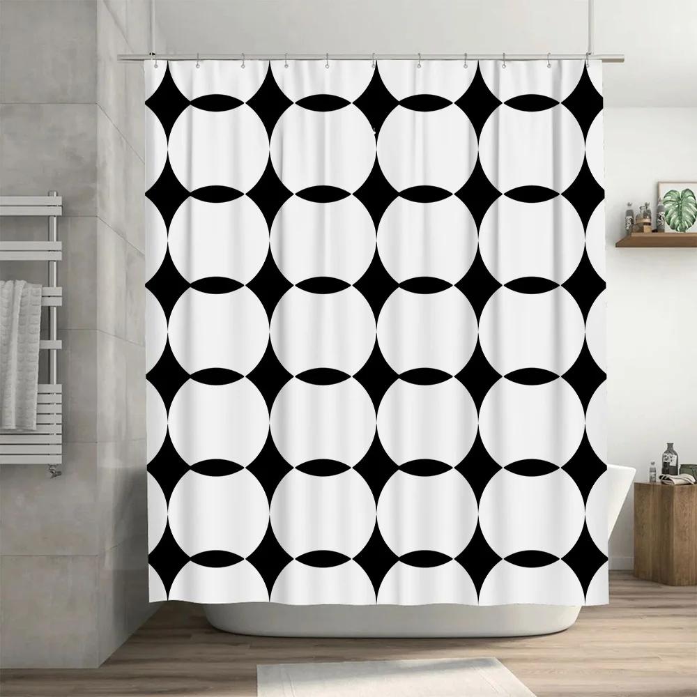 Modern Stylish Black and White Bathroom Shower Curtain with Geometric Pattern for Home Decor