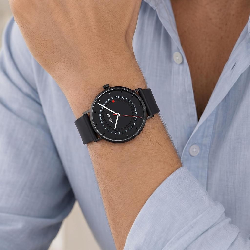 a.b.art Men's Quartz Watch, Red Dot Jump Date Calendar, Swiss-made Ronda Quartz Movement, Sapphire Crystal, Minimalist Simple Design, Black Leather St