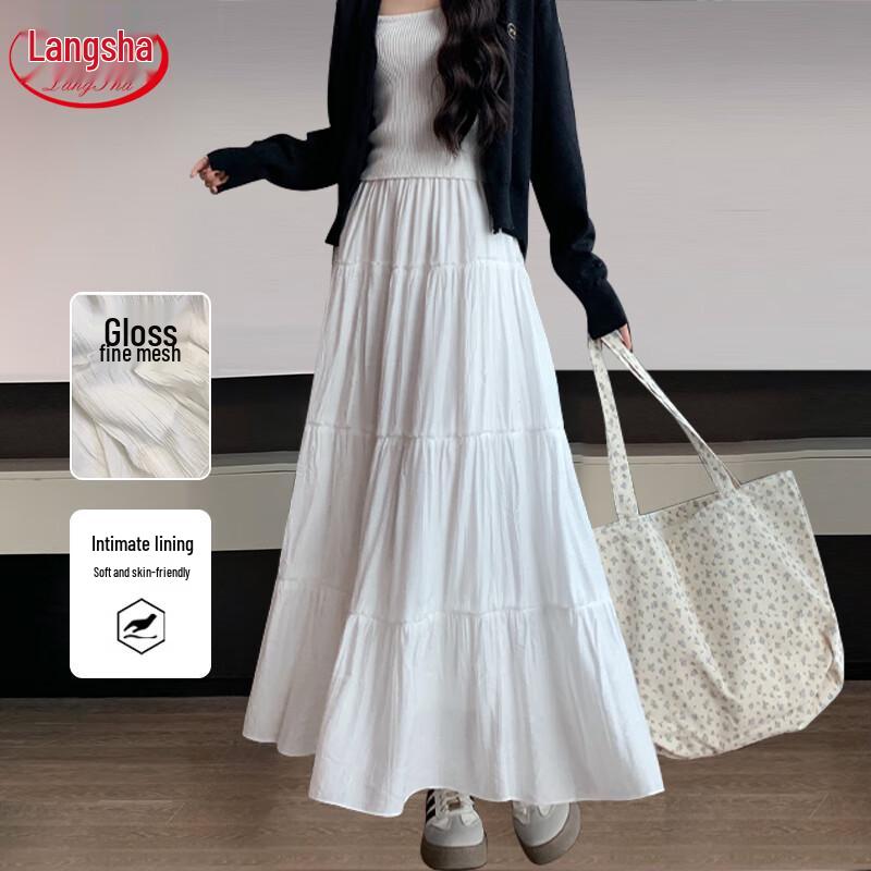Langsha Women s Elegant High-Waist A-Line Pleated Tiered Long Skirt L