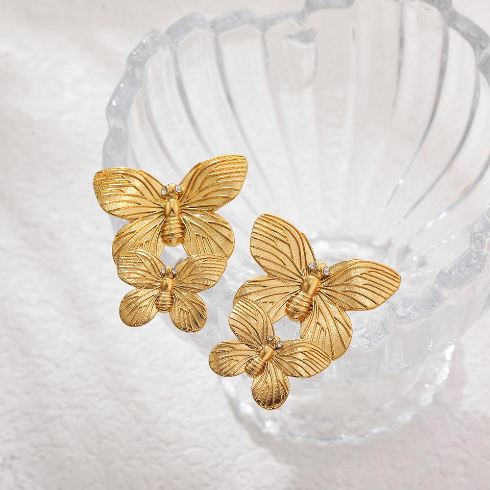 Vintage Golden Color Double Butterfly Drop Earrings for Women France Style Texture Insect Earring Statement Zircon Gift