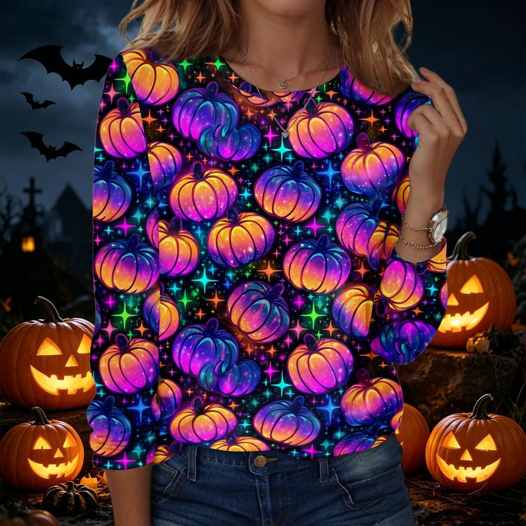 Women's Casual Long Sleeve Crew Neck Sweatshirt Halloween Print Pullover Top Lightweight Comfortable Fit for Everyday Wear