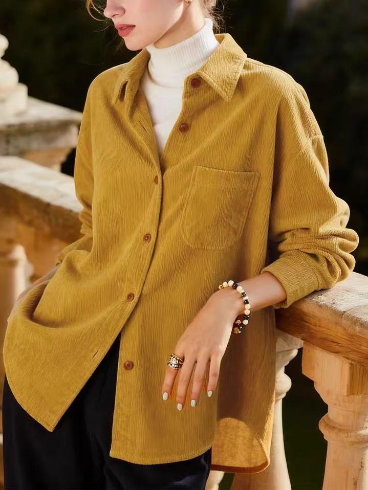 Women's Pink Brushed Corduroy Lapel Shirt - 2025 Autumn/Winter High-End Commute Top