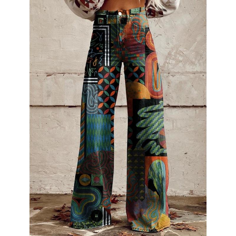 2026 summer new printing European and American style cross-border 3D trend jeans loose casual straight wide-leg trousers women S