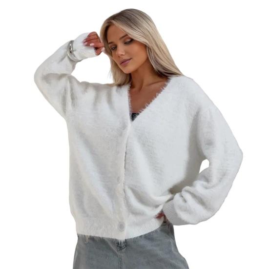 Women Sweater Coat V-Neck Long Sleeve Buttons Placket Knitting Coat Pure Color Elastic Fabric Loose Fit Casual Sweater