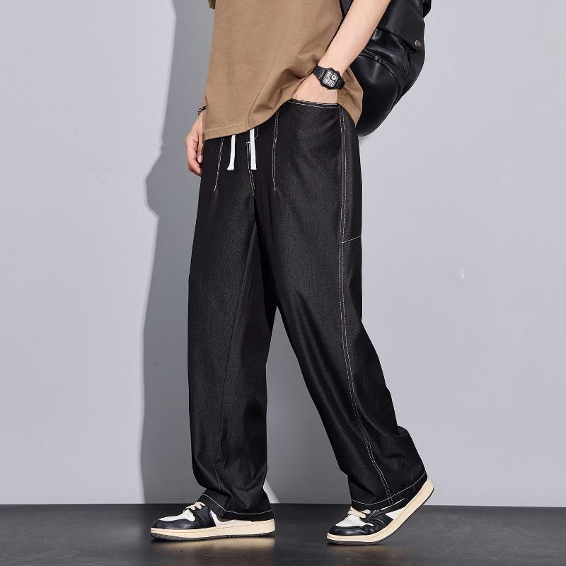 Loose Wide-leg Jeans Men s Summer Ice Silk Cool Elastic Waist Casual Pants M чёрный
