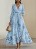 Women's Floral Print V-Neck Long Sleeve Maxi Dress with Belt, Elegant Ruffled Hem A-Line Dress