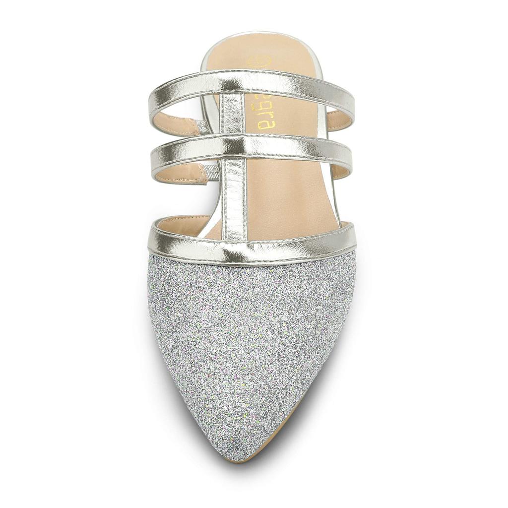 Allegra K Women's Silver Pointed Toe Mules with Low Heels, Size 26.0cm, T-Strap Flats
