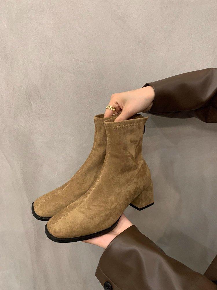 High-heeled Korean Small Ankle Boots Suede Martin Boots Women's Shoes 2025 New Autumn and Winter Velvet Square Head Thin Short Boots