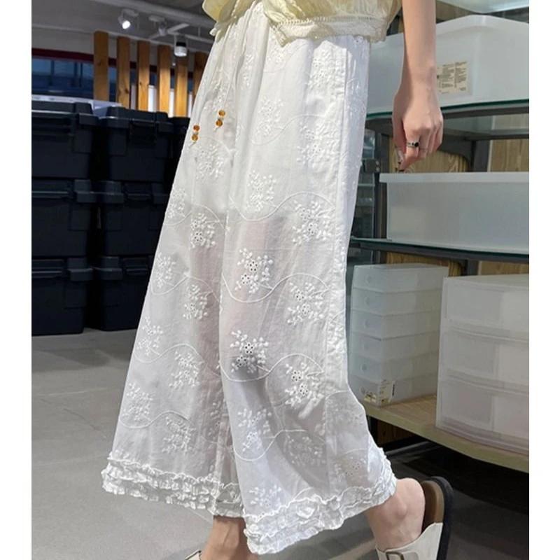 Women s Minimalist Aesthetic Casual Pants With Eyelet Embroidery S белый