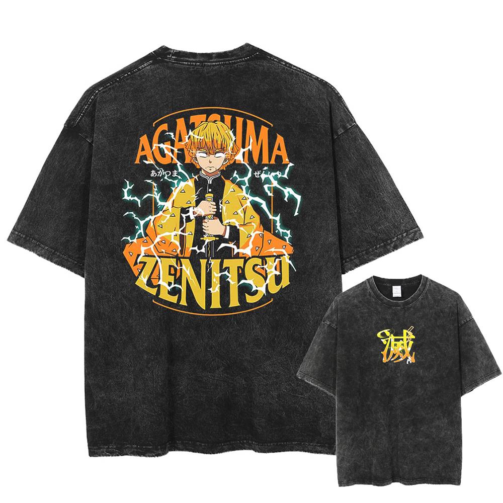 Japan Anime Demon Slayer Agatsuma Zenitsu Print T Shirt Men Washed Cotton T-shirts Manga Casual Tee Harajuku Male Vintage Tshirt