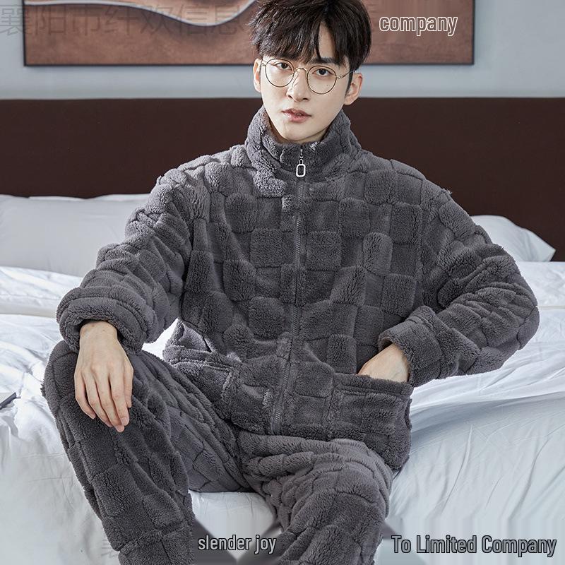 Men's Thickened Coral Fleece Long-Sleeve Flannel Pajama Set for Autumn and Winter - Wearable Outdoors