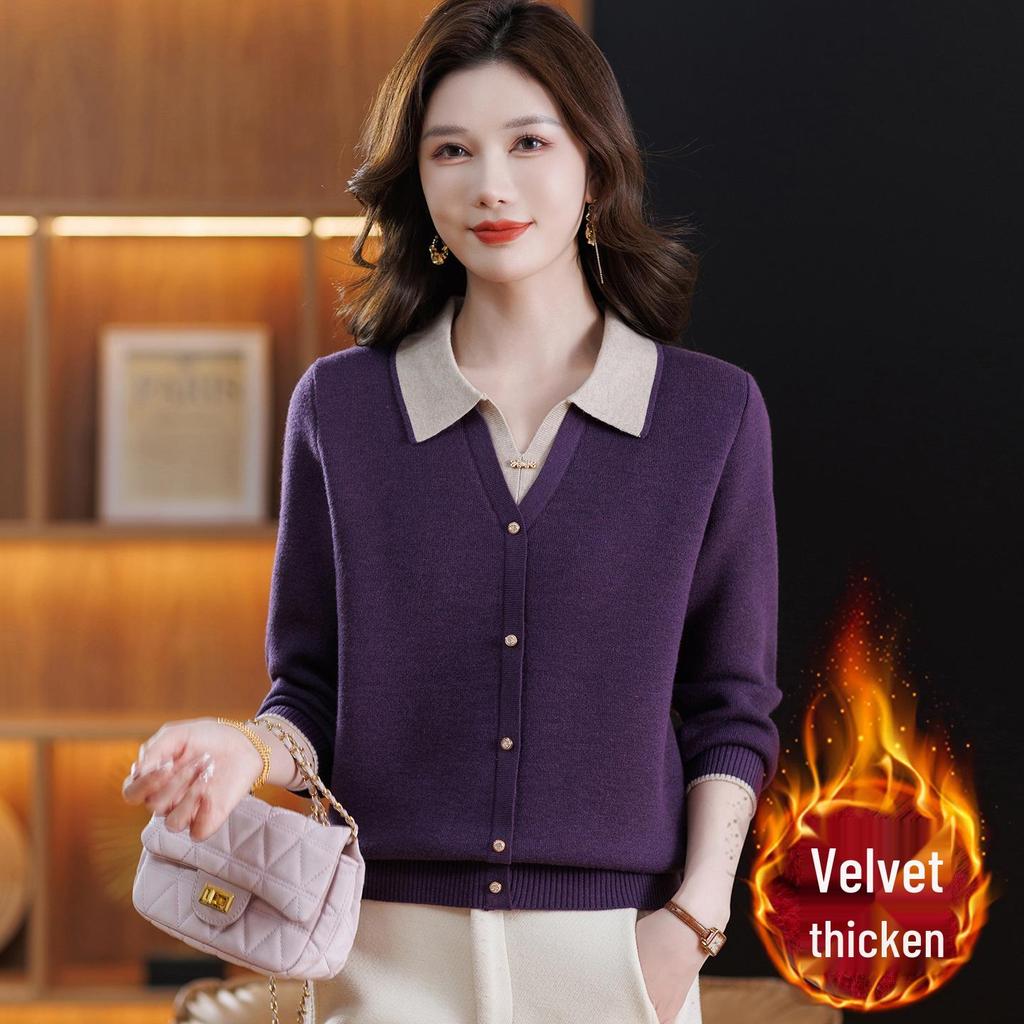 New Women's Faux Two-Piece Knit Lapel Top: Autumn/Winter Loose Plus Velvet Layer for Middle-Aged and Elderly.