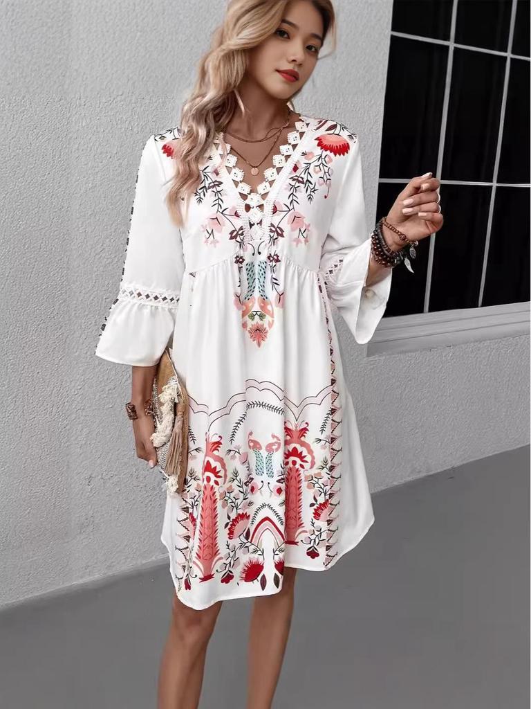 2026 Women's Summer V-neck Lace Patchwork Casual Printed Dress