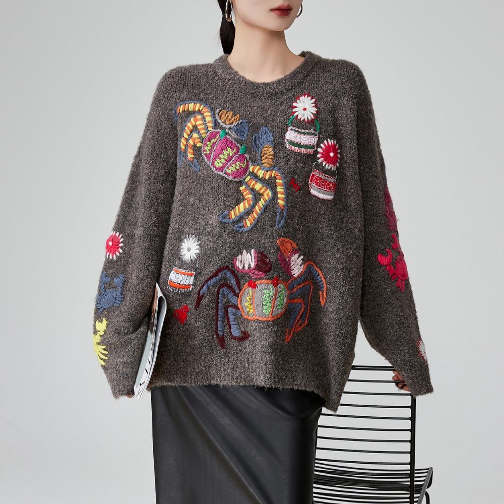 Dimanaf 2025 Women Autumn Embroidery Sweater Design Basic New Fashion Tops Tees Casual Loose Tees