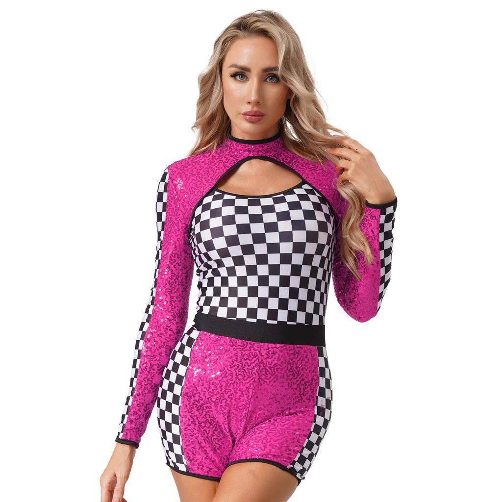 Damen glitzernder pailletten karierter Patchwork Rennfahrer Overall