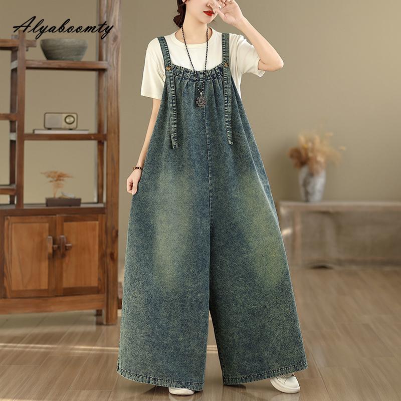 Koreaanse Mode Lente Zomer Dames Streetwear Overalls Spaghettibandjes Gewassen Katoen Vintage Jumpsuits Lange Denim Dames Baggy Oversized Jumpsuits