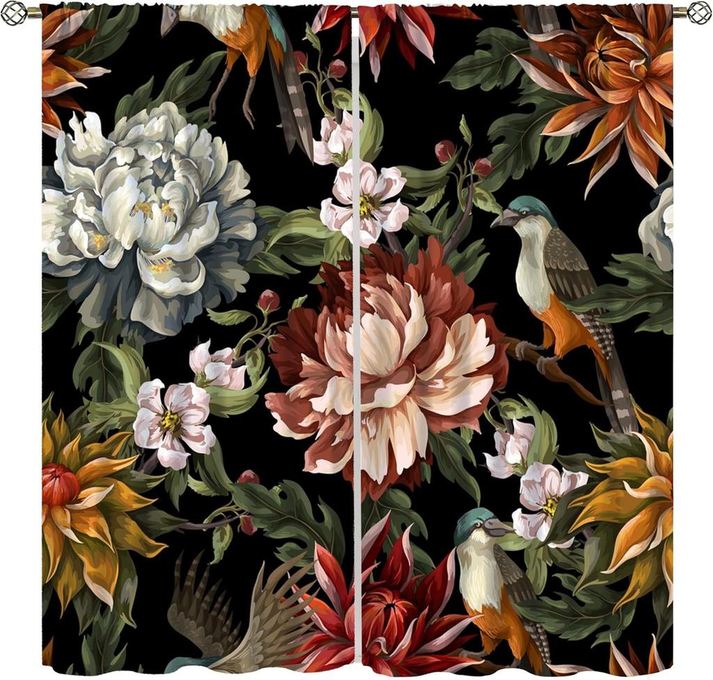 Bohemian Boho Floral Curtains Vintage Abstract Oil Painting Colourful Art Medieval Hippy Plant Flower Window Treatments Drapes Made Of Polyester