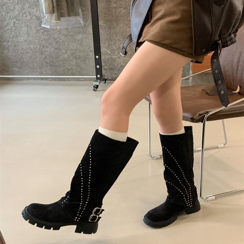 Brown rivet high boots 2025 autumn and winter new sleeve locomotive boots retro western cowboy boots women look thin