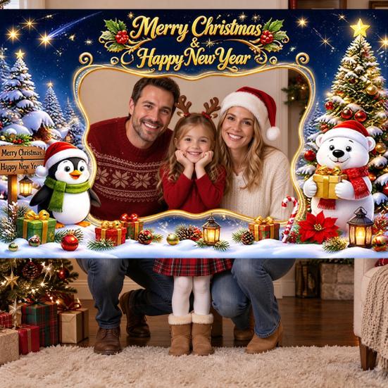 Christmas Celebration Photo Accessories Cartoon Booth Frame Banner, Xmas Selfie with Elk Gift for Party Decor Penguin Bear, Holiday Handheld