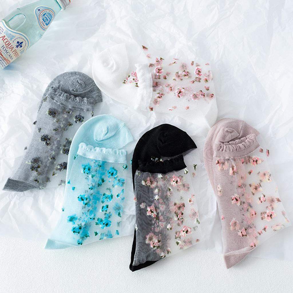 5 Paare Damen Blumen Socken Sommer Spitze Kristall Glasseide Socken Kurz Dünn Transparent Rosen Jacquard Elastische Ultradünne Socken