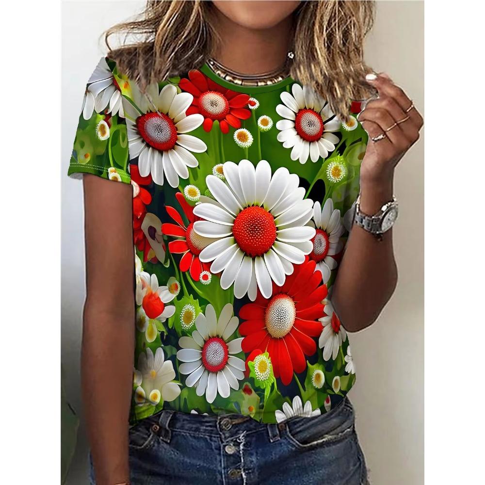 Sommer Blume Vogel 3D Druck T-Shirts Damen Streetwear Harajuku Lässige Mode Y2k Kurzarm T-Shirt O-Ausschnitt Tees Tops Kleidung