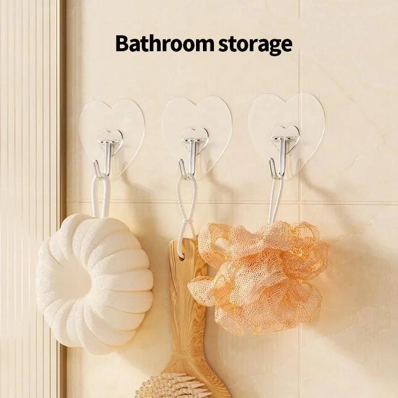 Heart Shape Transparent Hooks Non Punching Plastic Love Hangers Holder Self Adhesive Key Towel Multi-Purpose Hooks Storage Rack