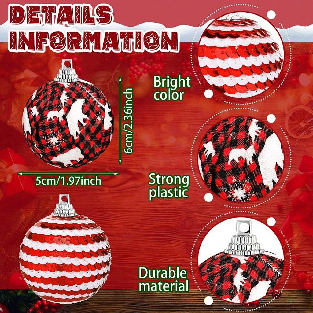 12Pcs Buffalo Plaid Glitter Christmas Ball Ornaments, Rustic Hanging Tree Decor for Xmas Party Supplies Holiday Decor