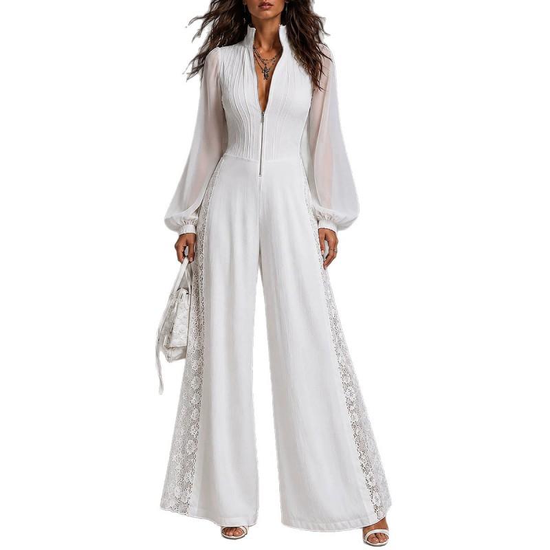 Bohemian Chiffon Lace Patchwork Jumpsuit With Lantern Sleeves High Waist Loose Fit 2026