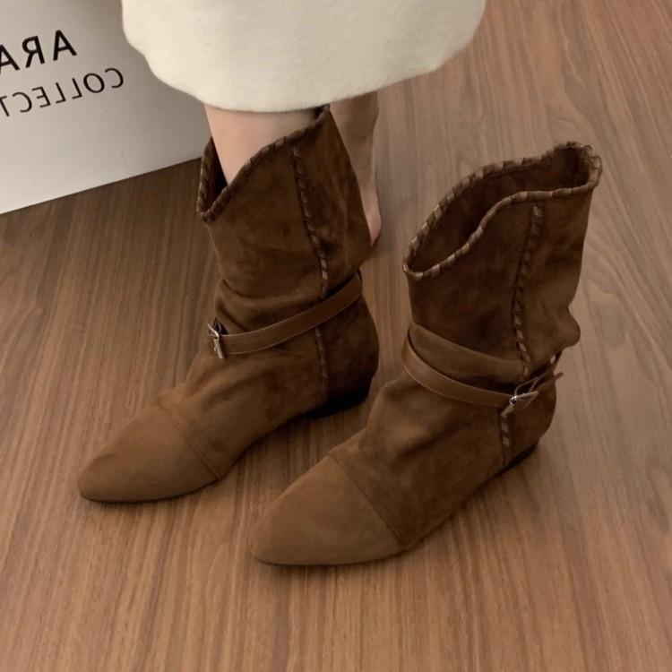 

Ретро матовая кожа острый носок плиссированные ботильоны 2025 новые одинарные ботинки внутренняя высота увеличение короткие западные ковбойские сапоги женские 40 коричневый