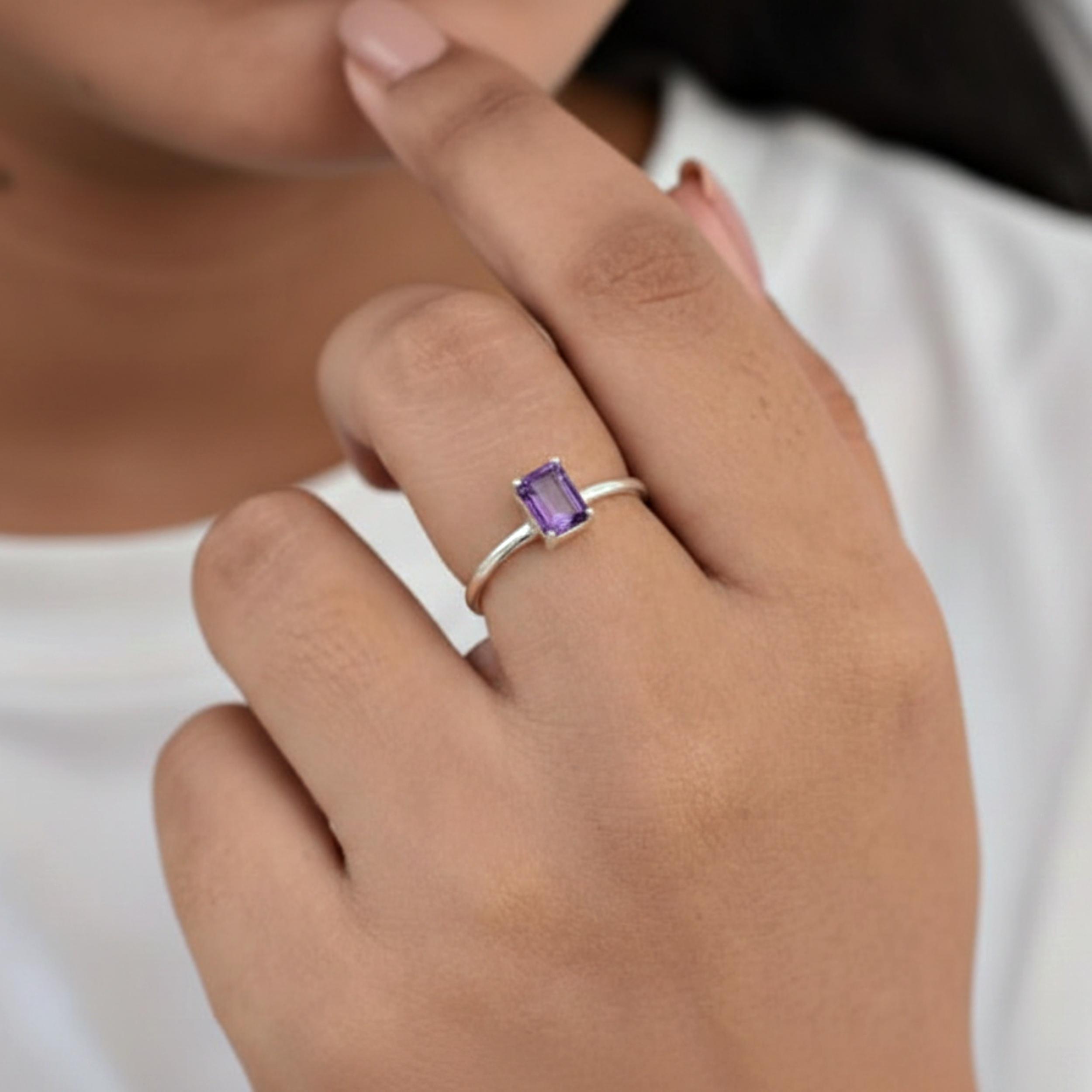 Amethyst Octagon Cut Stacking Ring for Women, 925 Sterling Silver Jewelry, Handmade Minimalist Bohemian Ring 4
