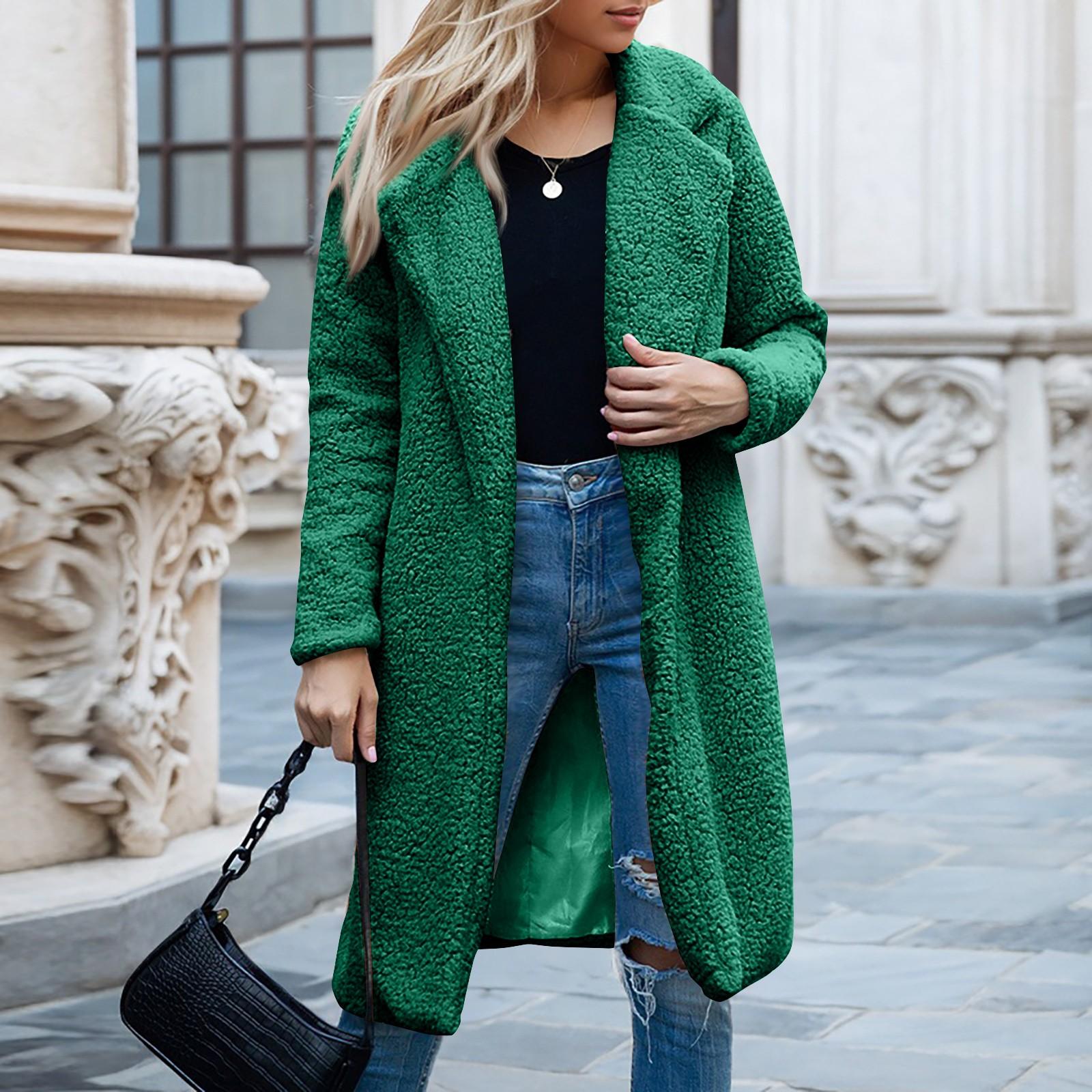 

Женская модная однотонная куртка с лацканами, длинными рукавами, плюшевая, повседневная, универсальная, длинная S зелёный
