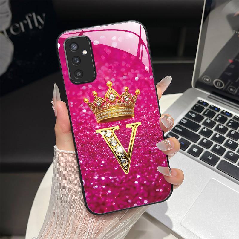 For Samsung M52 5G Case Galaxy M14 SM-M526B SM-M146B Phone Case ShockProof Fashion Initial Letter Hard Tempered Glass Back Cover