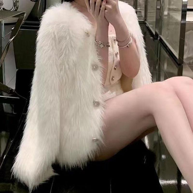 White Long Hair Mink Fleece Cardigan Women Spring and Autumn Celebrity Fashion Small Fragrant Style Foreign Short Cardigan Coat