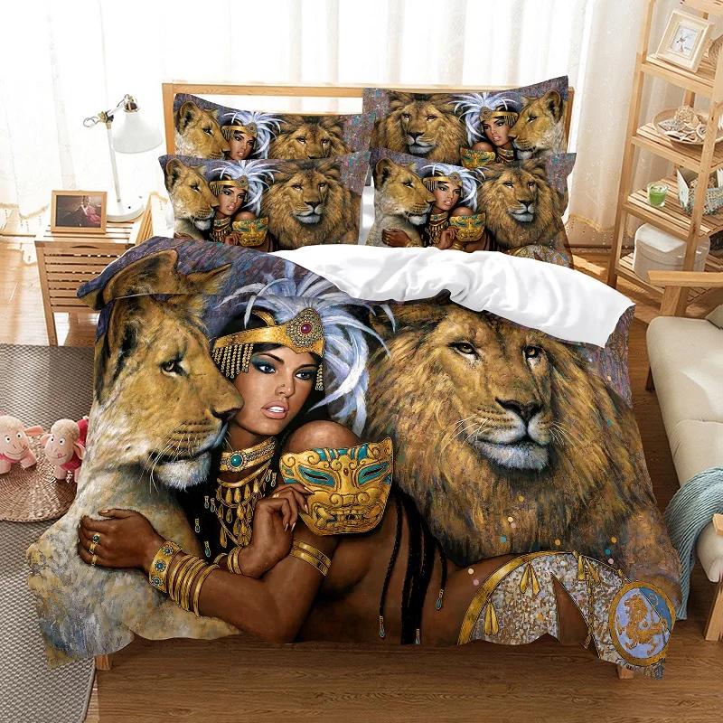 Sexy Black Girl Lion Duvet Cover Set African American Bedding Set Queen Wild Animals Lions Women Room Comforter Cover 3pcs Sets
